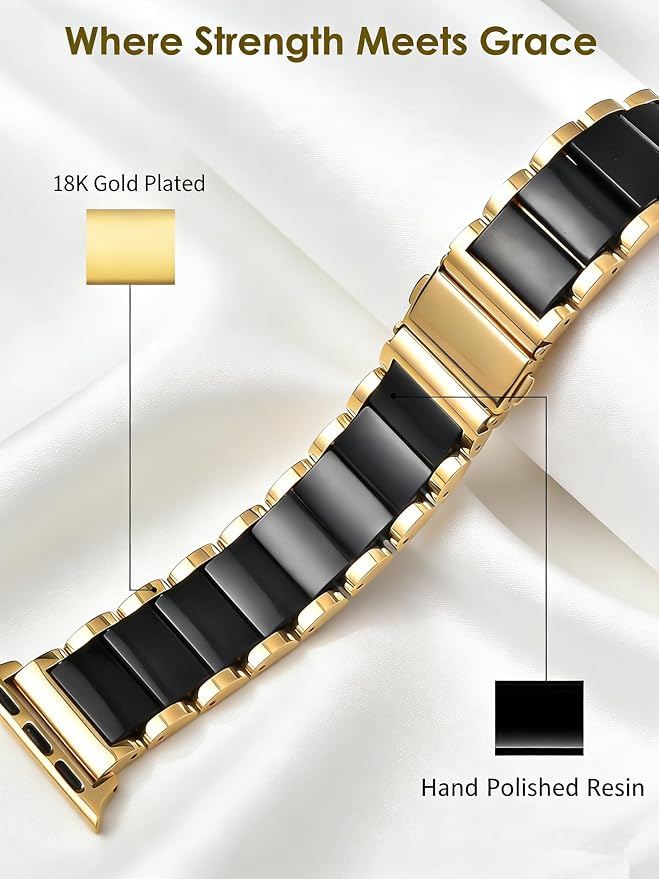 V-MORO Compatible with Apple Watch Band 41mm 42mm 40mm 38mm Series 11/10/9/8 Fashion Strap Women,Stainless Steel Resin Band Bracelet Replacement for iWatch Ultra/SE/7/6/5/4/3/2/1-Black+Gold