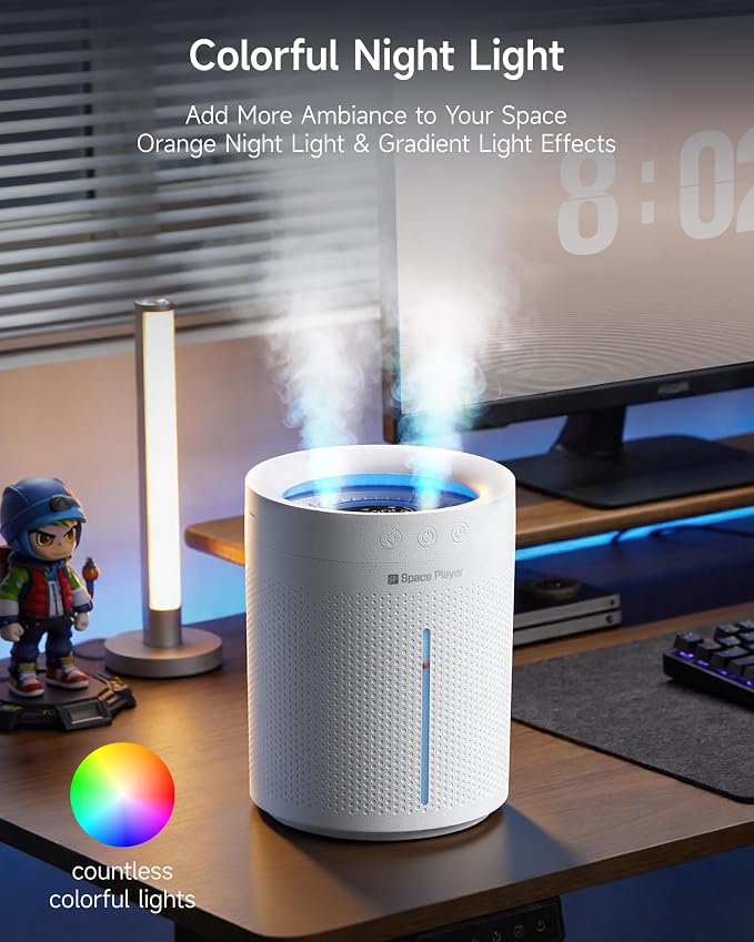 SP SpacePlayer Cool Mist Humidifier for Bedroom, 3L Top Fill Ultrasonic, 4000mAh Cordless Portable Humidifier, Quiet 23dB, Auto Shut-Off, Timer, Easy Clean, for Baby Nursery, Plants, Home Office