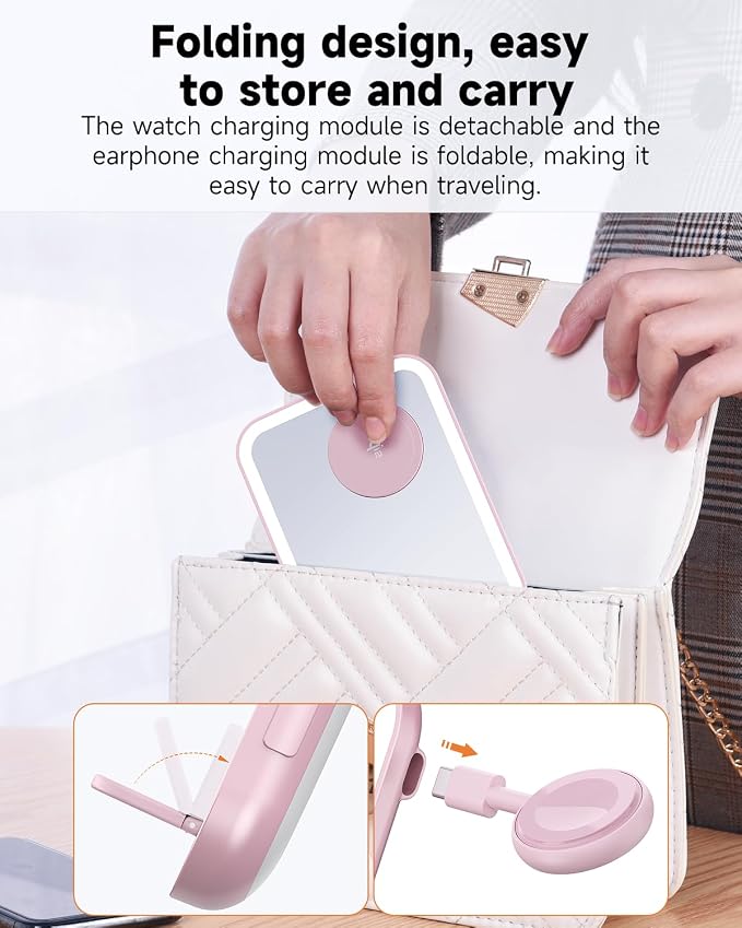Tron 3 in 1 Qi Wireless Charger Mirror, Pink, Include led 6 ft Led Cable and 25w Power Adapter. Pink Color