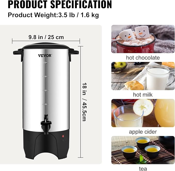 VEVOR Commercial Coffee Urn, 50 Cups/7.5L Stainless Steel Large Coffee Dispenser, 1000W 110V Electric Coffee Maker Urn For Quick Brewing, Hot Water Urn with Detachable Power Cord for Easy Cleaning