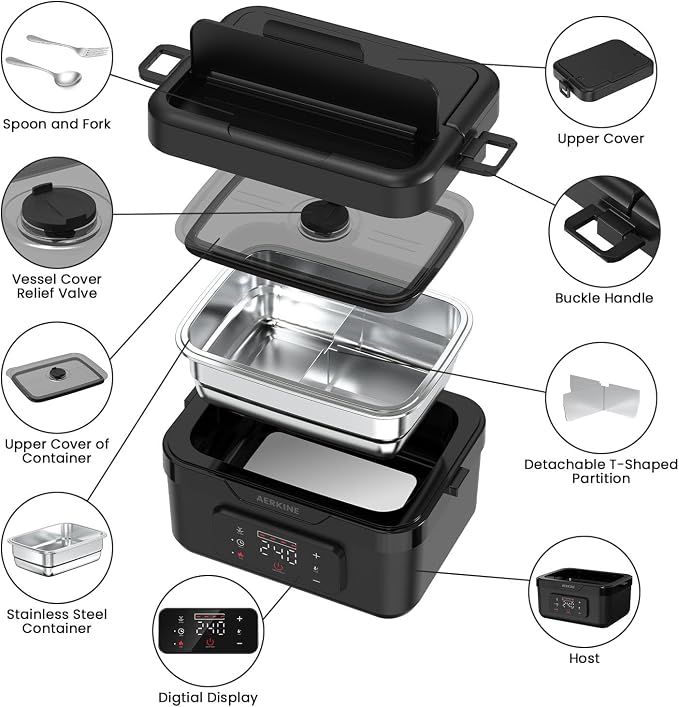Electric Lunch Box - Rechargeable 75W Self-Heating Food Warmer with 6.3 Cups(1.5L) Stainless Steel Container, Heated Lunch Box For Office, Picnic, Car & Outdoor Use(Black)