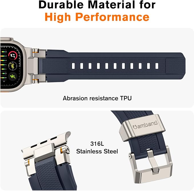 amBand Bands Compatible with Apple Watch Ultra 3/2/1 49mm, M1 Sport Series Rugged Durable Strap with Metal Connector to Match Ultra's Titanium Case for iWatch 49 mm Men Titanium/Navy Blue