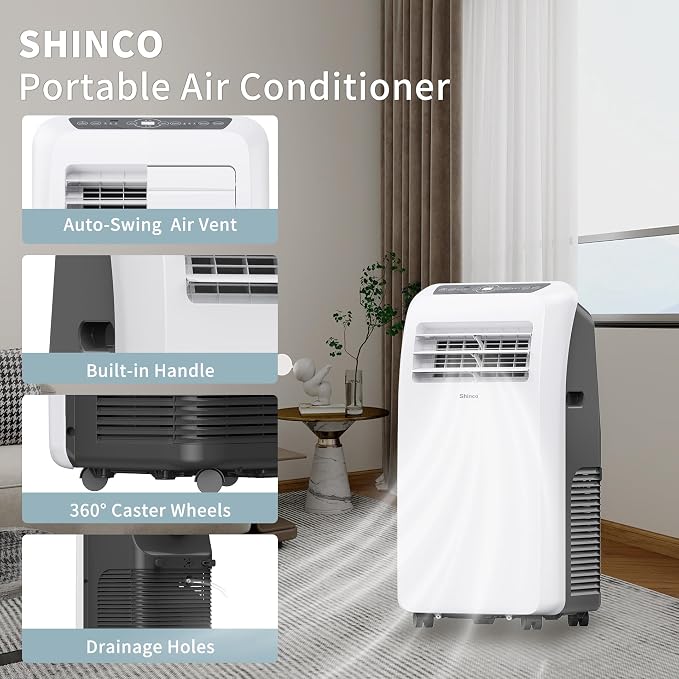 Shinco 10,000 BTU Portable Air Conditioner - 3-in-1 Cool/Dehumidifier/Fan for Rooms Up to 400 sq.ft, Remote Control & 24H Timer, Compact AC Unit for Bedroom/Office