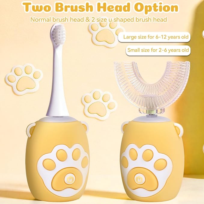 Kids U Shaped Electric Toothbrush for Age 2-12, Rechargeable Toddler Toothbrush with Smart Timer & 3 Clean Modes, Cat's Claw Design, IPX7 Waterproof, 3 Brush Heads & 360°Cleaning