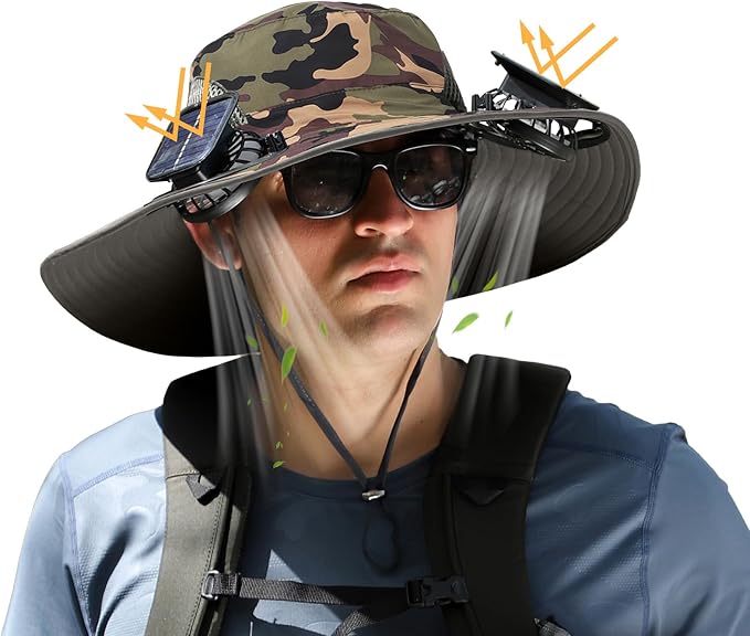 Solar Fan Hat,Wide Brim Solar Powered Fan Hat,Sun Hat with 2 Built-in Fans for Men