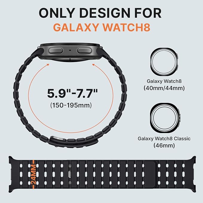 Bandletic Magnetic Silicone Band Compatible with Samsung Galaxy Watch 8 40mm 44mm / Watch 8 Classic 46mm 2025, No Gap Soft Breathable Replacement Strap for Men Women, Black