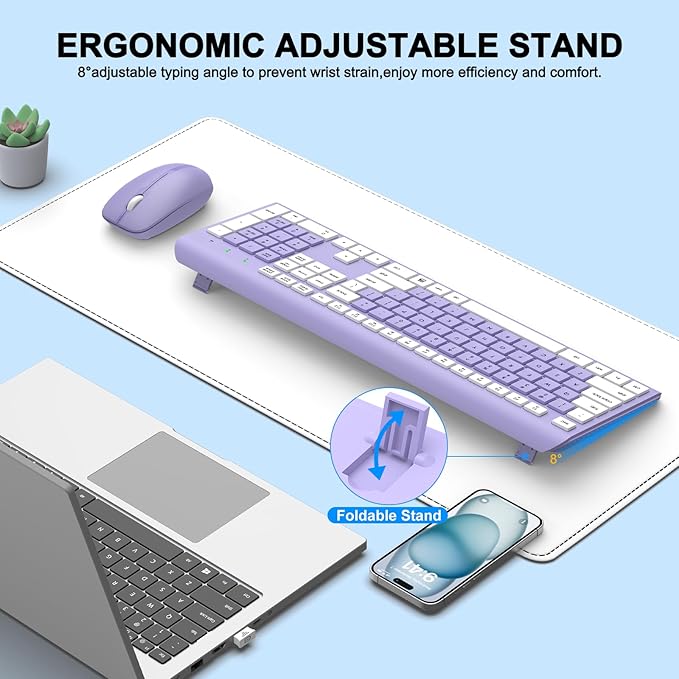 Wireless Keyboard and Mouse Combo, Full-Size Silent Ergonomic Keyboard and Optical Mouse, Long Battery Life, 2.4G Lag-Free Mice Keyboard for Computer, Mac, Laptop, PC, Windows(Purple)