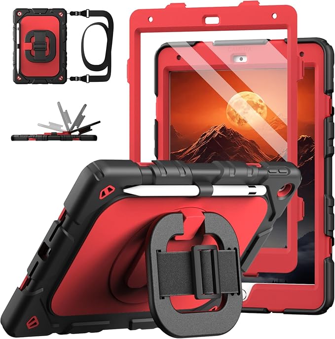 Grifobes for iPad 9th/8th/7th Generation Case, for iPad 10.2 Inch 2021/2020/2019 Case Cover with Screen Protector, 360°Rotate Stand, Hand & Shoulder Strap, Pencil Holder for Kids, Black Red