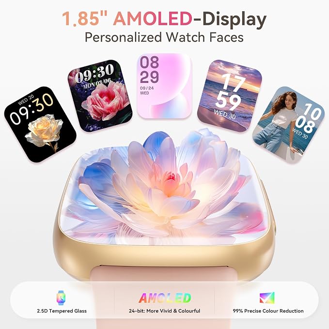 Smart Watch for Women, Answer/Make Call, 1.85" AMOLED Always-On Screen Smartwatch for iPhone & Android, 3ATM Waterproof Fitness Tracker with Heart Rate/Sleep/SpO2 Monitor, 120+ Sport Modes, 2 Bands