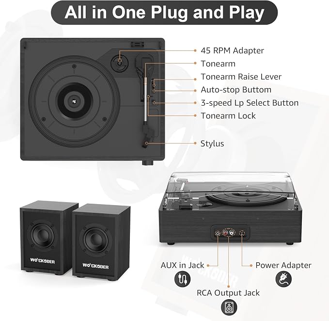 Record Player with Passive Bookshelf Speakers Belt-Drive Vintage Turntable for Vinyl Records External Dual Stereo Speakers LP Players 3 Speed Wireless AUX Headphone Input Auto Stop Retro Black Wooden
