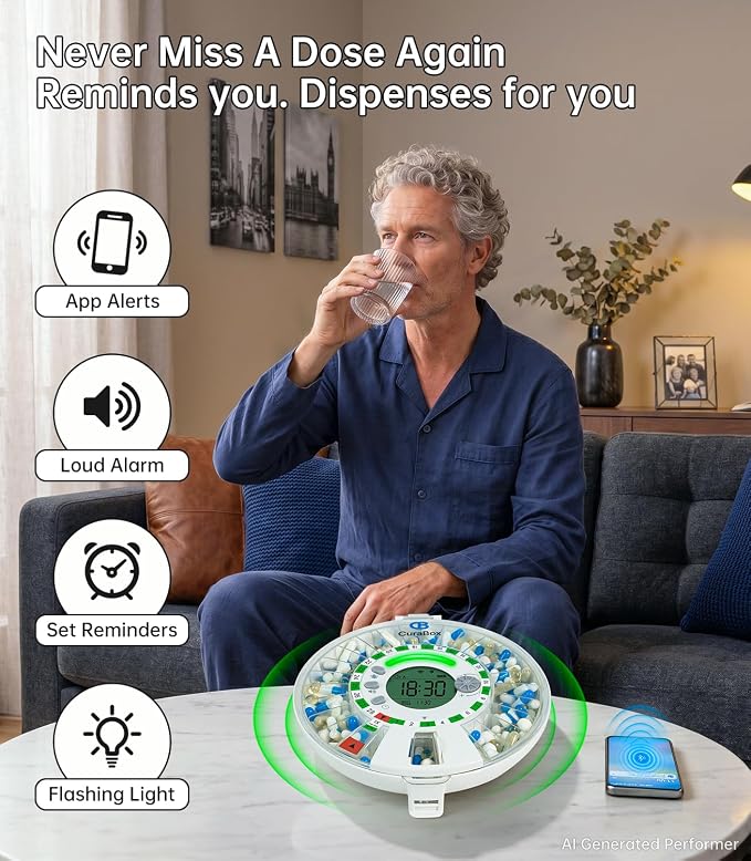 Bluetooth Automatic Pill Dispenser with App, Alarm, Light Alerts, 28-Day Medication Organizer for Seniors & Caregivers with Tracks Adherence History, Clear LCD, Key Lock, for Vitamins Prescriptions