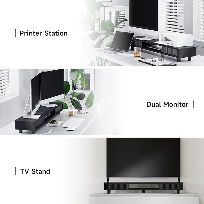 Fenge Dual Monitor Stand, 42.5inch Long Monitor Stands Riser for 2 Monitors, Glass Sliding Door with Storage Organizer Stand for Desk, 2 Tier Desk Shelf for Laptop, Pc, Printer, Computer, TV