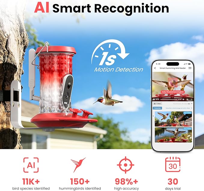 Smart Hummingbird Feeder Camera with AI Identification, 2.5K HD & Color Night Vision, Solar Powered Outdoor, IP66 Weatherproof – Garden Decor & Premium Gift