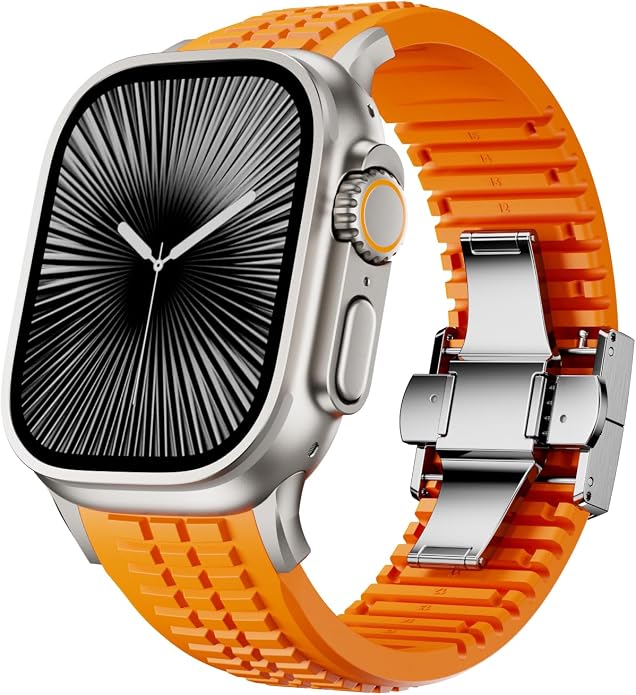 Silicone Watch Band Compatible with iWatch Ultra 2 / Ultra/Series 10 9 8 7 (44mm 45mm 46mm 49mm), Sport bands with Folding buckle, Rugged Heavy Duty Modern Design for Men