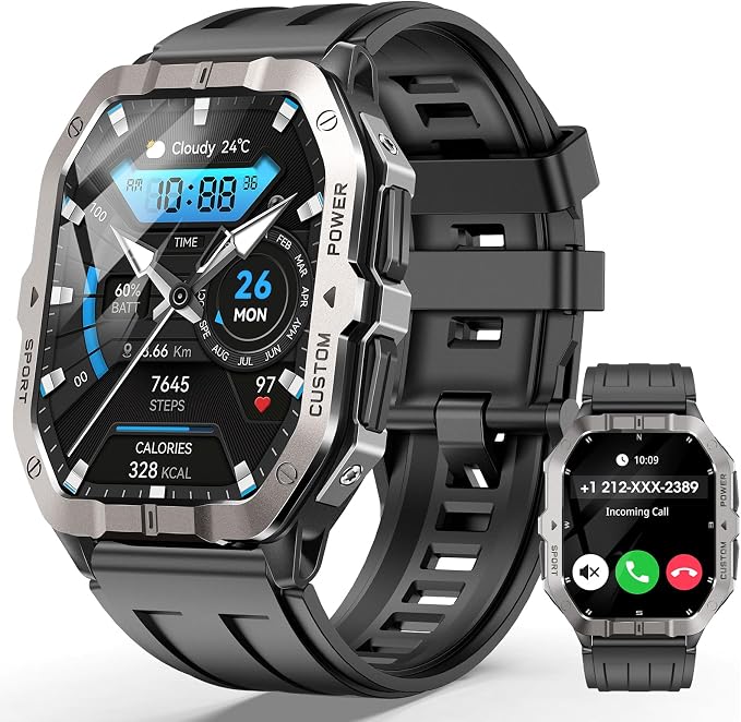 Military Smart Watch Built-in GPS, 100+ Sport Modes for Men, Smartwatch with Heart Rate & Sleep Tracking, 2ATM Waterproof, Bluetooth Calling, Fitness Watch for iPhone & Android, Black