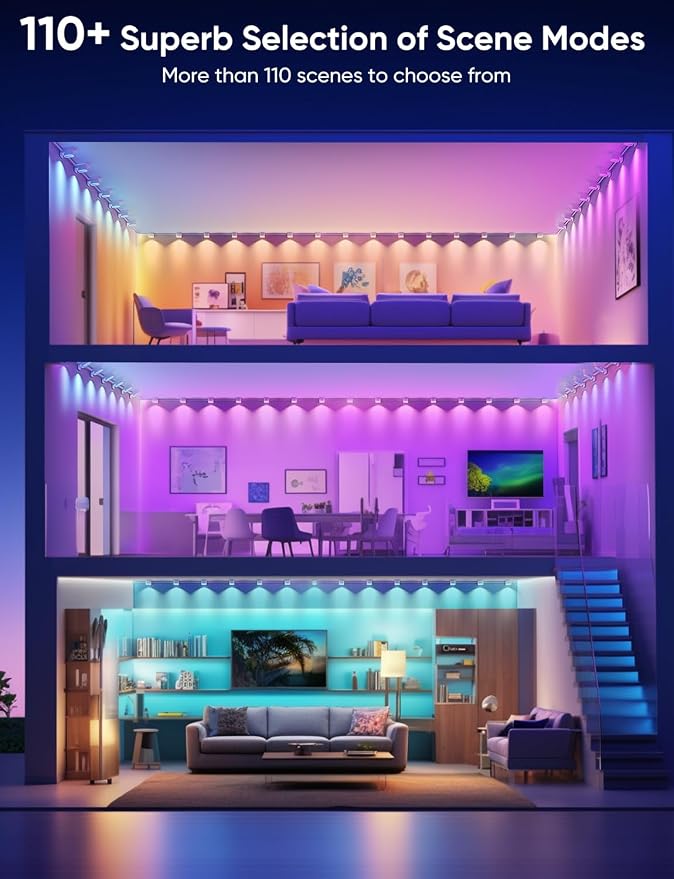APPECK String Downlights Indoor, 30ft Smart Wall Backlight for Bedroom with 30 Led Lights, 111 Scene Modes, Music Sync Color Changing Deocrative Lighting for Party, Kids Room, Works with Alexa/Google
