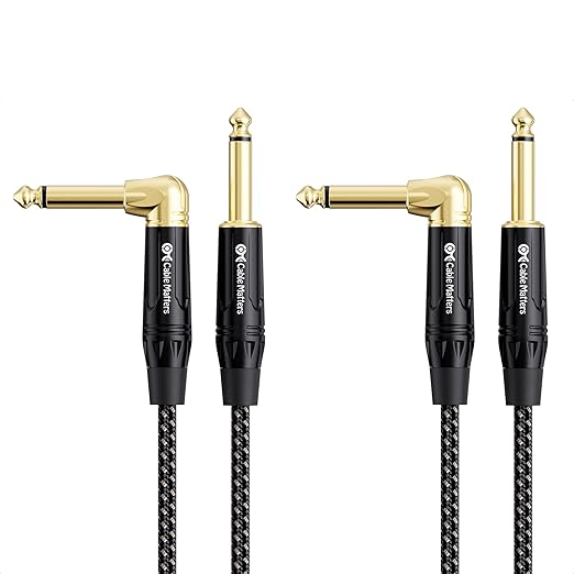 Cable Matters Braided 2-Pack 1/4 Inch TS Right Angle Electric Instrument Cable - 10 Feet Straight to Right Angle, Compatible with Guitar, Bass, Amp, Mixer, Equalizer