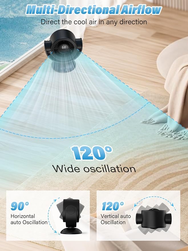 Desk Fans for Bedroom,Air Circulator Fan，90°Vertical +120°Auto Oscillating, 100 Speeds, 10H Timer, Quiet Fan, Digital Display Rechargeable USB, with Remote,for Home, Office（Beige）