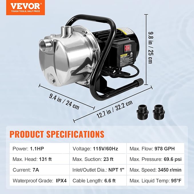 VEVOR Shallow Well Pump, 1.1 HP 115V, 978 GPH 131 ft Height, 40psi Max Pressure, Portable Stainless Steel Sprinkler Booster Jet Pumps for Garden Lawn Irrigation system, Lake Fountain, Water Transfer