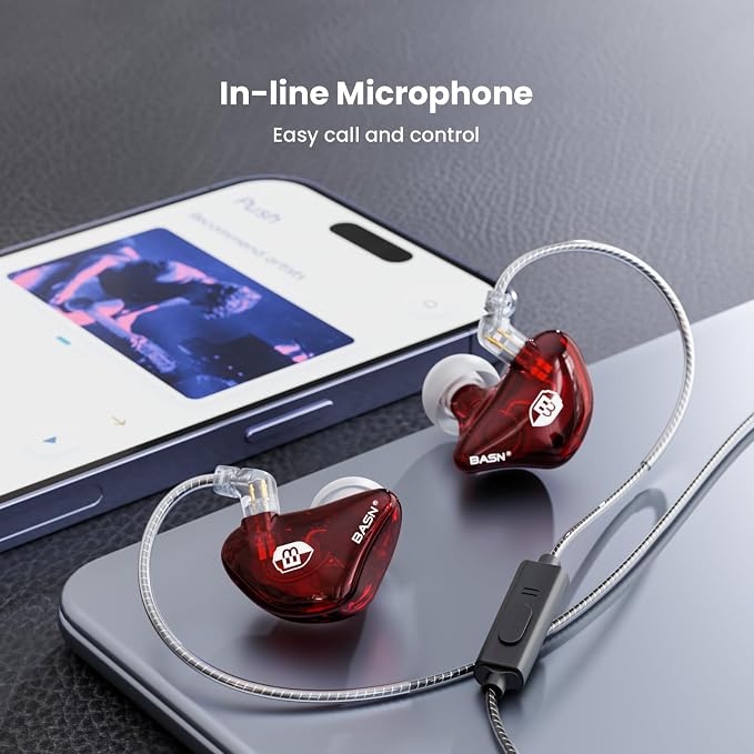 BASN Bsinger Professional in Ear Monitor Headphones, Dual Drivers 2-Pin IEM Earbuds with Mic, Clear Sound HiFi Earphones for Musicians Drummers and Stage (Red, 2-Pin)