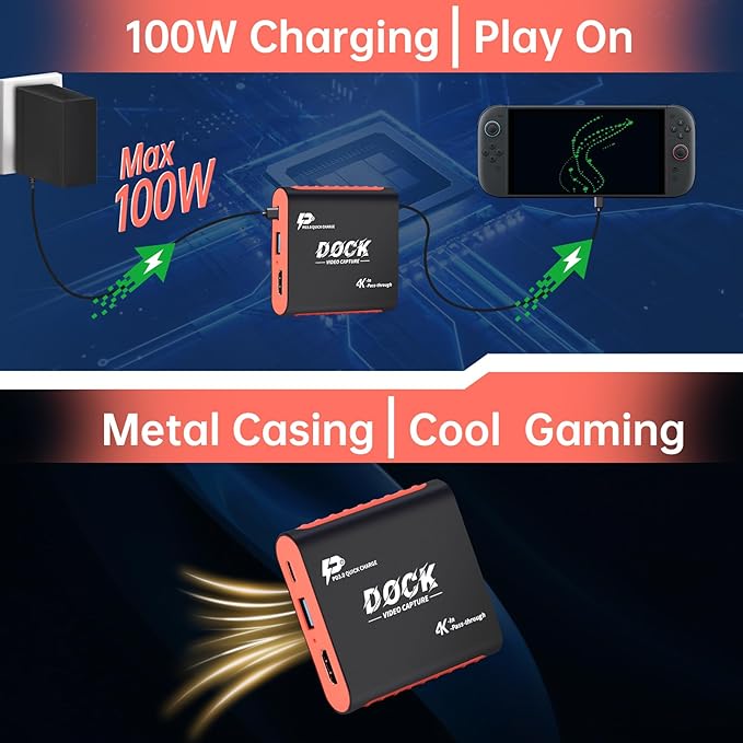 2-in-1 Switch 2 Dock with Capture Card for Nintendo Switch 2, Switch 1, OLED, Steam Deck, 1080P 60Hz for Streaming and Recording, Portable Travel Dock, 4K 30Hz HDMI Pass-Through, 100W PD Charging