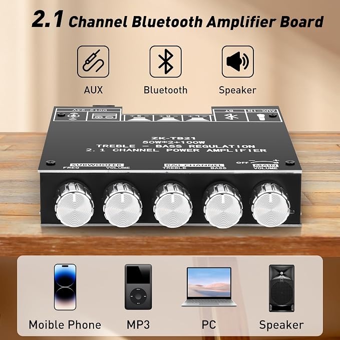 Daakro ZK-TB21 Bluetooth Amplifier Board,50W+50W+100W 2.1 Channel Subwoofer Amp Board with Treble and Bass Control,DC 12-24V, Bluetooth and AUX Inputs, DIY Wireless Speakers AMP Board, Password Free