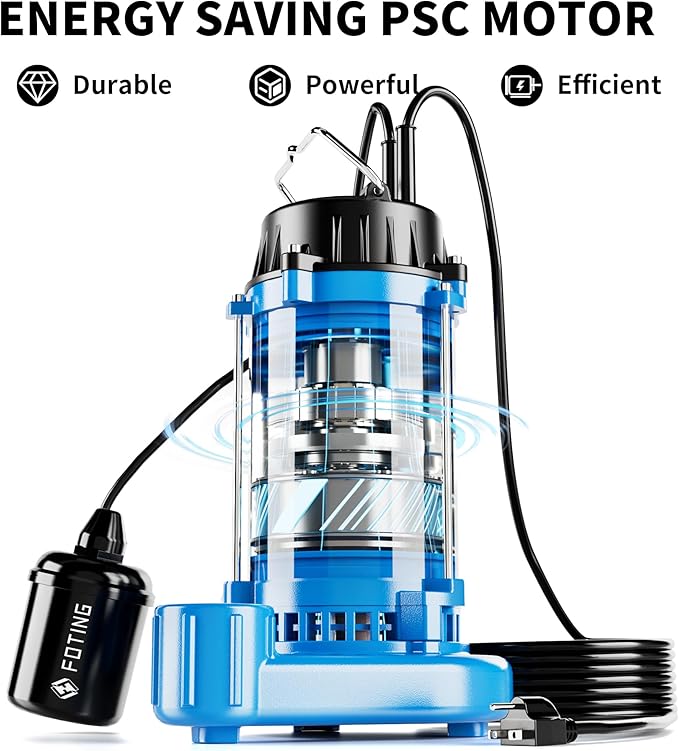 FOTING 1HP 6000 GPH Sump Pump Submersible Sewage/Effluent Pump - Heavy Duty Cast Iron - 115V Septic Pump for Sump Basin/Residential/Sewage/Basement, Sewage Pumps 1-1/2'' NPT