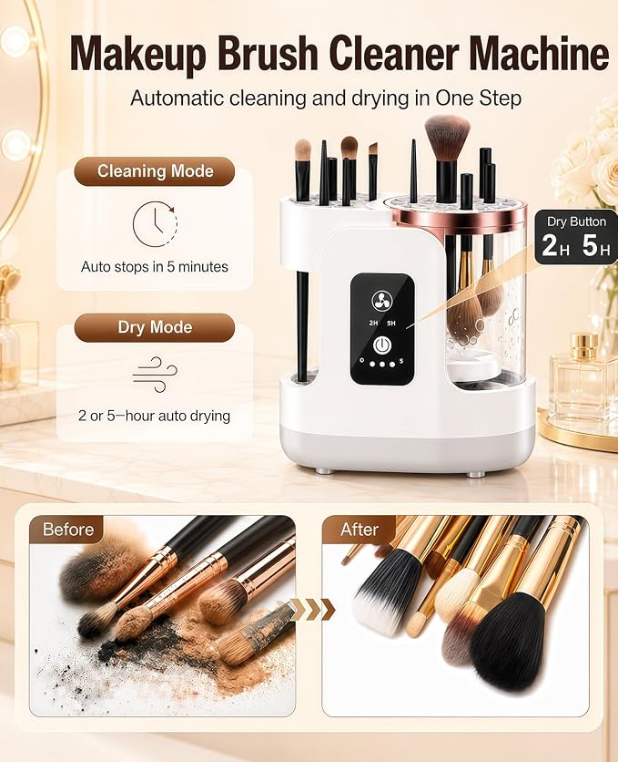 Electric Makeup Brush Cleaner Machine, 3-in-1 Cleaner Dryer and Storage, One-Touch USB Washer with 2H or 5H Drying Modes for Most Cosmetic Brushes
