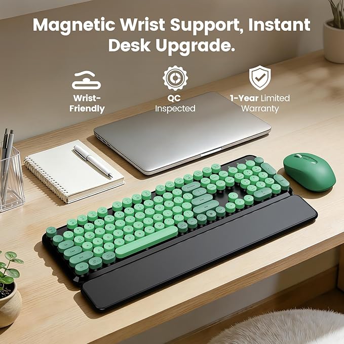Wireless Keyboard and Mouse Combo with Magnetic Wrist Rest, Round Keycaps, Full-Size Retro Typewriter-Style Keyboard, Tilt Legs, Auto-Sleep, 2.4GHz Wireless for Windows PC Laptop, Forest Green & Black