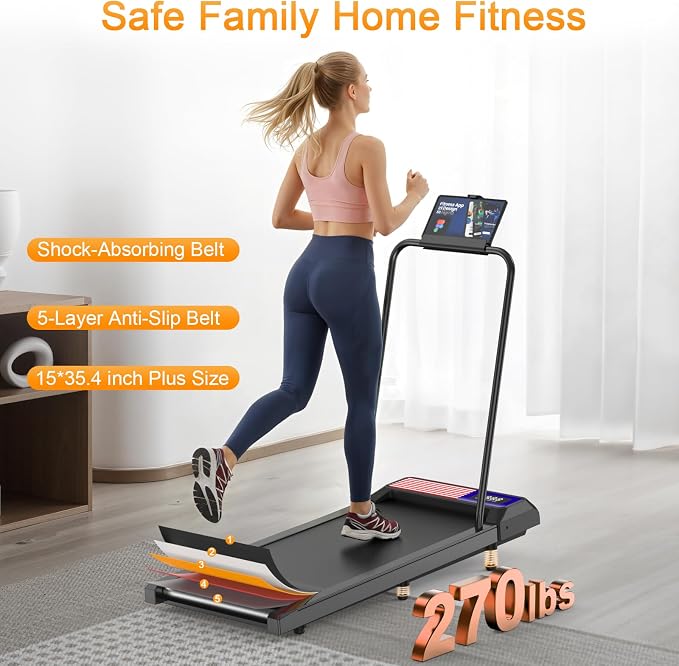 HOELLL Treadmills for Home Small with 0%-8% Incline and APP Sync, Compact Under Desk Walking Treadmill Pad with Handle Bar Removable, Remote Control and LED Display, 2.5HP