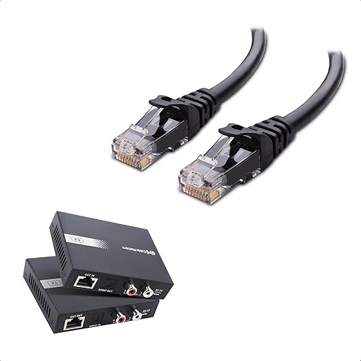 Cable Matters 990ft Extra Long Range Audio Over Ethernet Adapter Kit with Built-in Digital to Analog Converter(DAC), Support Optical Audio Toslink, L/R RCA & 10Gbps Snagless Long Cat 6 Ethernet Cable