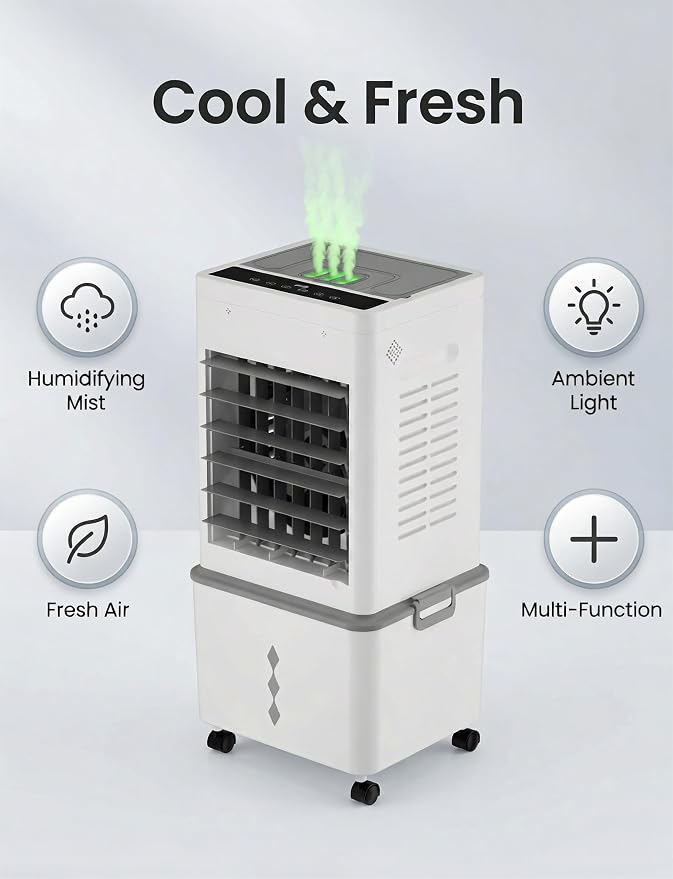 Grelife Evaporative Air Cooler with 10L(2.64 Gal) Large Tank,8 Speeds & 3 Wind Modes, 80° Oscillation,24H Timer,Remote Control,LED Display, Mist & Humidifier Function for Home Office Bedroom white