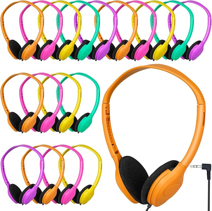 Class Set Headphones for Kids Students School Classroom 20 Pack Bulk Headphones Adjustable with 3.5 mm Jack for Library Children Mixed Colors