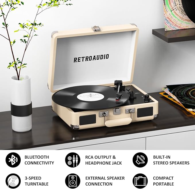 Vinyl Record Player Bluetooth Vintage Portable Suitcase Turntable with Built-in Speakers 3-Speed Belt-Driven Record Player Support RCA Output and Headphone Output (Warm White)