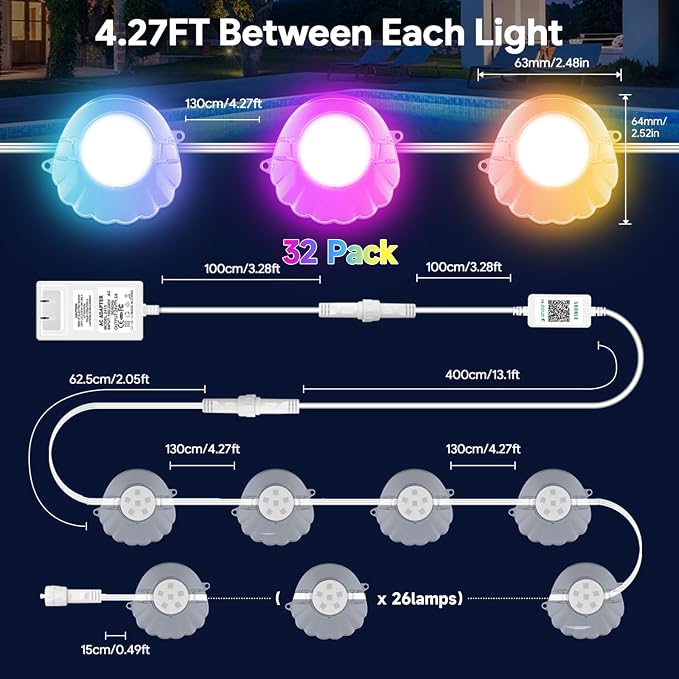 AHAWILL 150FT RGB Pool Lights for Inground & Above Ground Pools,Plug-in Light Strip with IP68 Waterproof,App & Remote Control, 44+ Modes & Music Sync, 16M Colors for Large Swimming Pools Decor