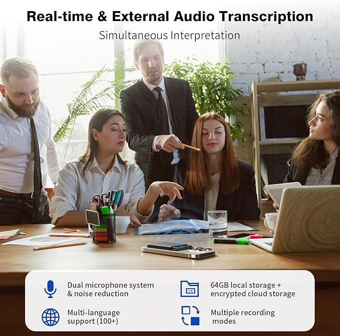 AI Voice Recorder, AI Note Taker 64GB with App Control, AI Technology Transcribe & Summarize Free, 121 Languages, Audio Recorder Device for Meetings & Calls, Ultra-Slim/Display, Magnetic Case, Grey