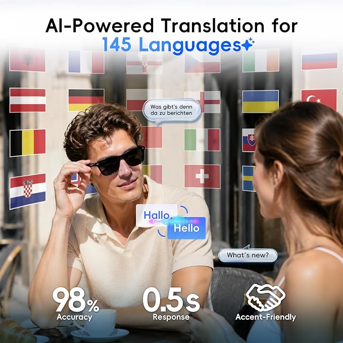 AI Glasses for Men & Women, Smart Glasses Powered by ChatGPT, AI Real-time Translation with 145 languages, 11H Music Play, Bluetooth Sunglasses with Polarized Lens, UV Protection for Daily Use, Travel