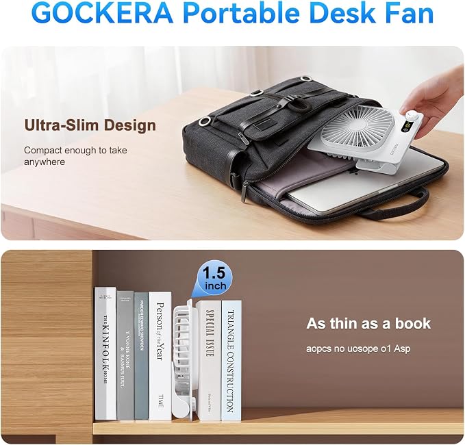 GOCKERA Desk Fan, 6.61''Ultra-thin Battery Powered Fan with Powerful Wind,100 Speeds Adjustable&Digital Display,Timer,Ultra-quiet Small Portable Fan for Bedroom,Office,Travel (White, 2000mAh)