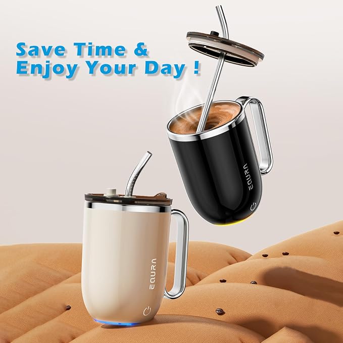 Self Stirring Mug - 4-Color Temp Display Magnetic Electric Auto Mixing Stainless Steel Cup with Straw & Lid For Office/Kitchen/Home/Coffee/Milk- 14.2oz/420ml(Beige)
