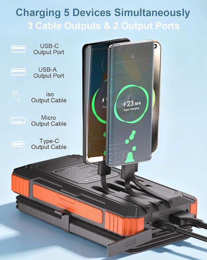 Power Bank 2 Pack, Solar Charger with Built-in Cables 49800mAh +Solar Power Bank 20000mAh for iPhone Android Samsung, iPad