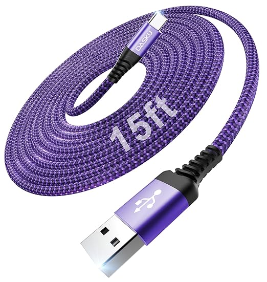 USBA to USBC Cable [15FT 1Pack], Long USB C Cable 3A Fast Charging, USB to USB C Cable Nylon Braided Durable USB to C Cable for iPhone 17 16 15 Pro Max/16e, Galaxy S25 S24 S23 S22 Plus and More-Purple