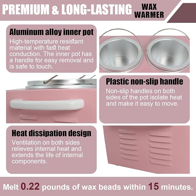 Wax Warmer Double Pot, Professional Electric Heater for Facial, Body, Spa, and Salon, 1.2L Dual Adjustable Temperature with 100 Wooden Craft Sticks, Hair Removal (Pink)