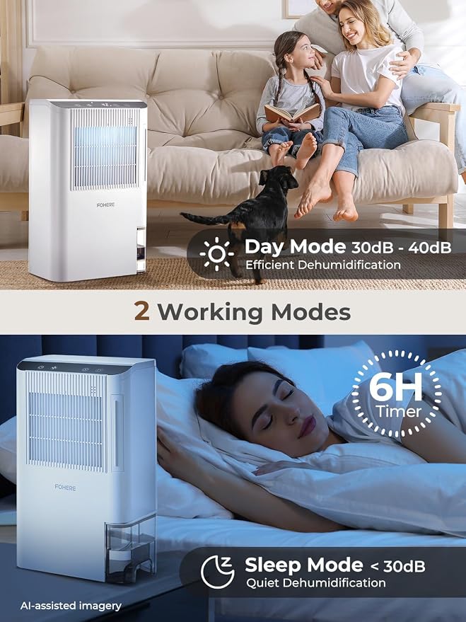 FOHERE Portable Dehumidifier for Home & RV, 85oz Water Tank & Drain Hose, Humidity Display, Sleep Mode, Auto Shut-Off, Compact Moisture Remover for Bathroom Bedroom Closet Laundry Room