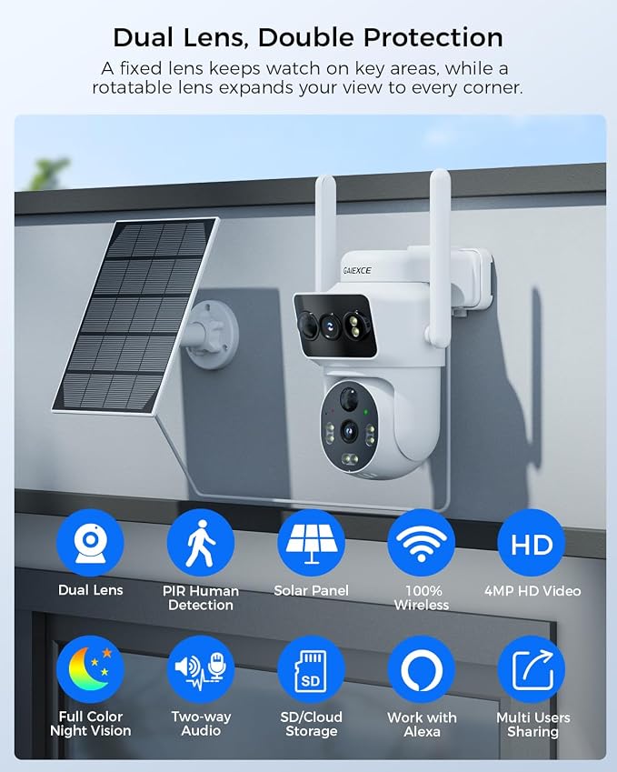 Solar Dual Lens Security Cameras Wireless Outdoor, Work with Home Dual Lens Security Camera System, 2.4G & 5G WiFi 4MP Colorful Night Vision PIR Two-Way Audio PT 360°