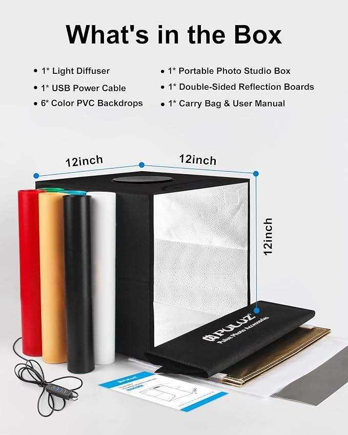 PULUZ Light Box Photography, 12"x12" Professional Dimmable Shooting Tent Kit with CRI >95 White Lighting 120 LEDs Lights + 6 Photo Backdrops for Product Display