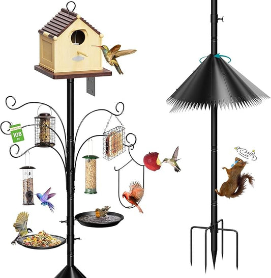 108 Inch Bird Feeder Pole Squirrel Proof, Heavy Duty Bird House Pole, Adjustable Bird Feeder Stand with 5 Shepherds Hooks, 2 Mental Trays, Hummingbird Swing