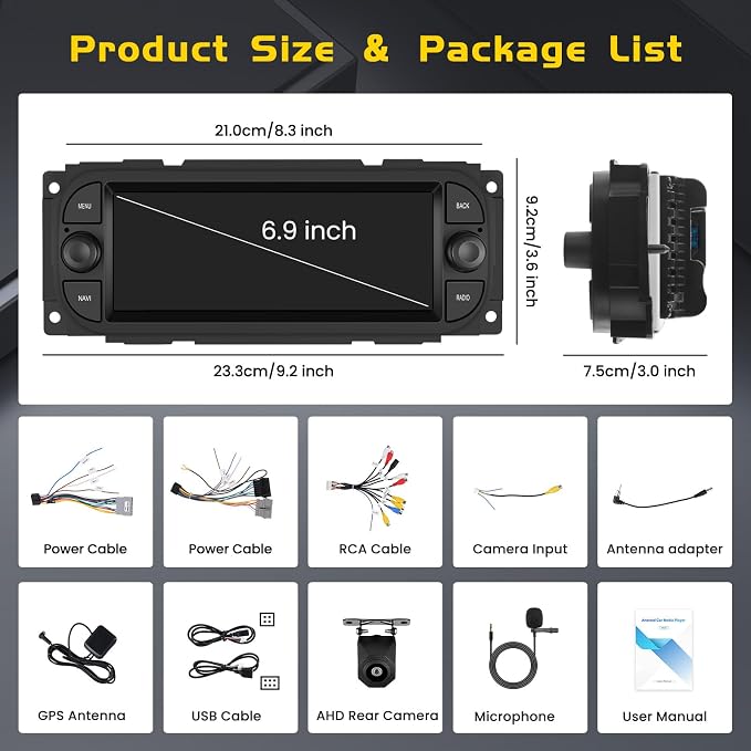 [4G+64G] Radio for Dodge Ram(2002-2006), Jeep Wrangler 2003-2006, Jeep Liberty 2002-2007, Jeep Grand Cherokee(1999-2004) – 6.86" HD Touchscreen Car Stereo with CarPlay Android Auto GPS SWC