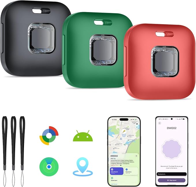 Hoxe Dual System (iOS & Android) Air Tracker Tags 3 Pack (Colorful), New Key Finder Tracker Tag Work with Apple Find My & Google Find Hub App, Smart Tag Suitable for Key, Bag, Luggage, Pet, Car, etc