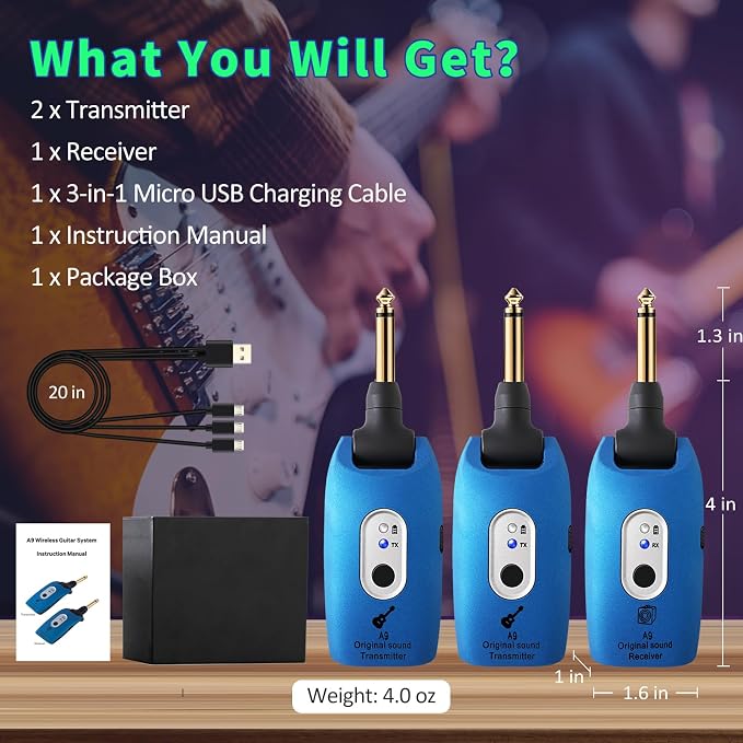 A9 Wireless Guitar System 2.4GHz Built-in Rechargeable Lithium Battery 270°Rotate Audio Wireless Transmitter Receiver for Guitar Bass Violin Keyboard Electric Instruments (1C-NRJ0-646R)