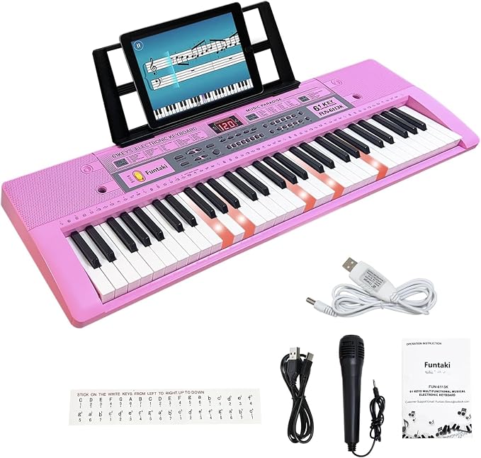 61 Key Electronic Keyboard Piano with Lighted Up Keys, Musical Mini Keyboard Piano with keyboard stand, Digital Portable Synthesizer Keyboards for Beginners Kids Adults (pink)
